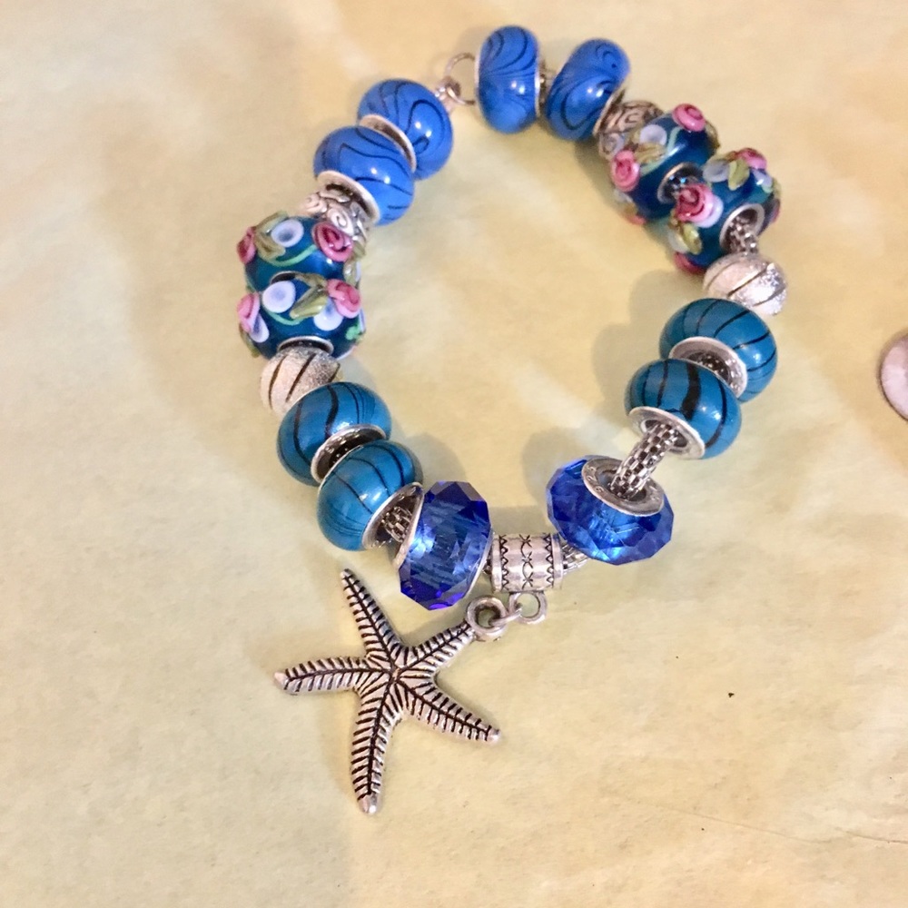 Starfish blue European beaded charm bracelet